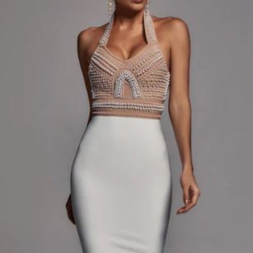 Bella Barnett - Cornelia Pearl Halter Bandage Dress - Beige